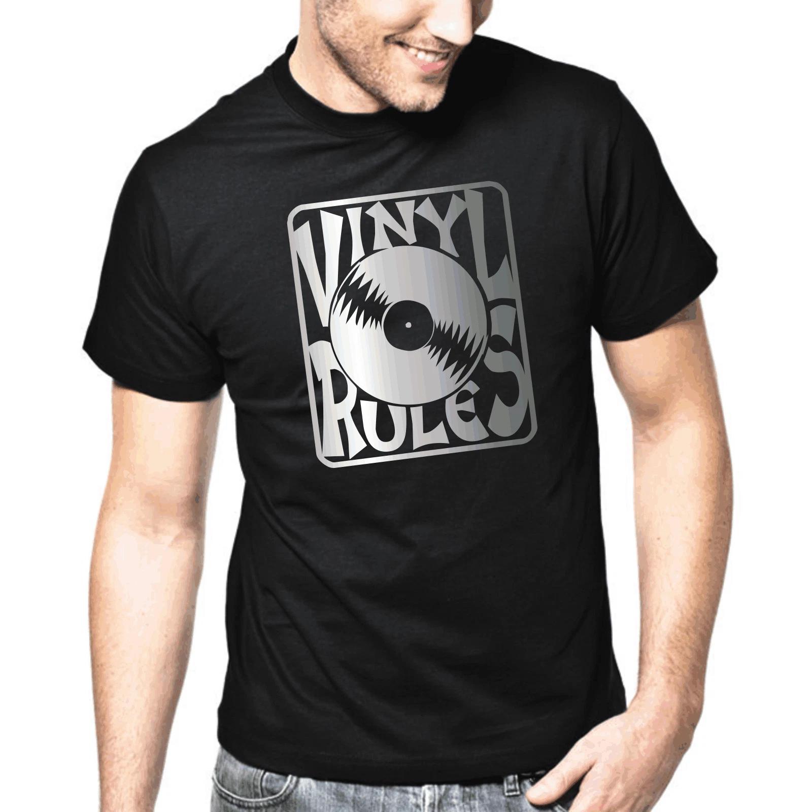 Men s and Women s T-shirts Vinyl Rules DJ Record Oldschool Retro Silver Metallic XXL