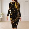 Women Plus Size Round Neck Long Sleeve Multicolor Printed Bodycon Midi Dress