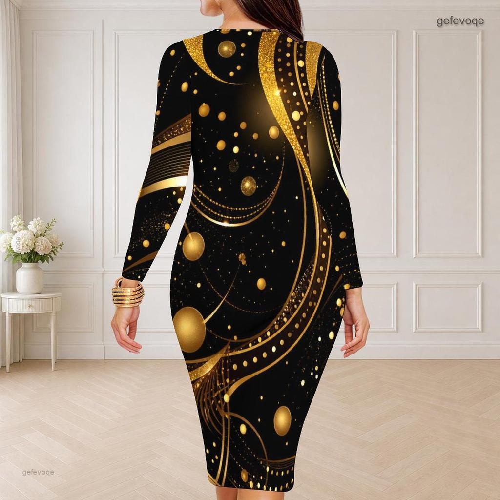 Women Plus Size Round Neck Long Sleeve Multicolor Printed Bodycon Midi Dress