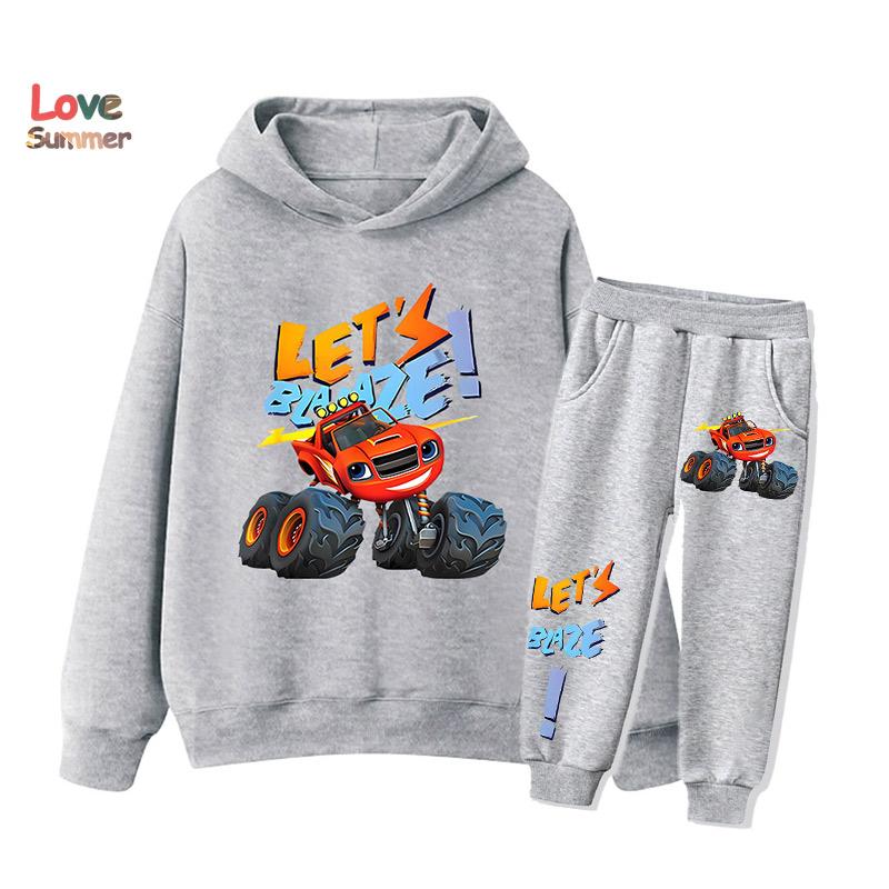 2pcs Boys hoodie Set car monster patterns boys like 2pcs Sporty Pants Hoodie Set Gift Ideal Daily Outdoor Wear Suit Thin Kids Tracksuit