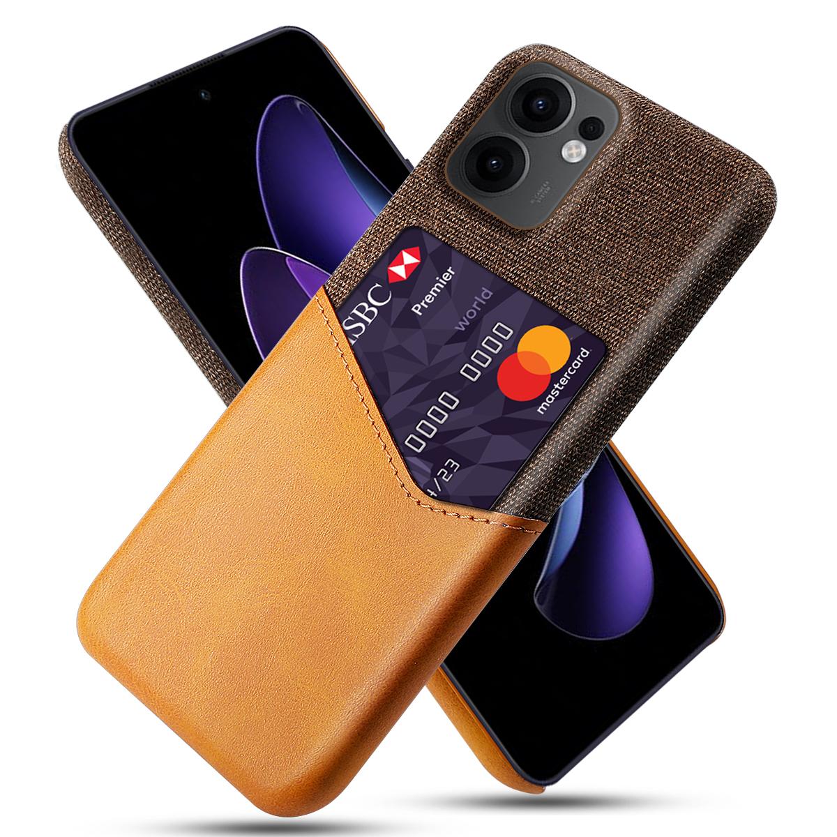 

For Oppo Reno13 F 5G Case PU Leather Cloth Texture Hard PC Phone Cover with Card Holder Orange