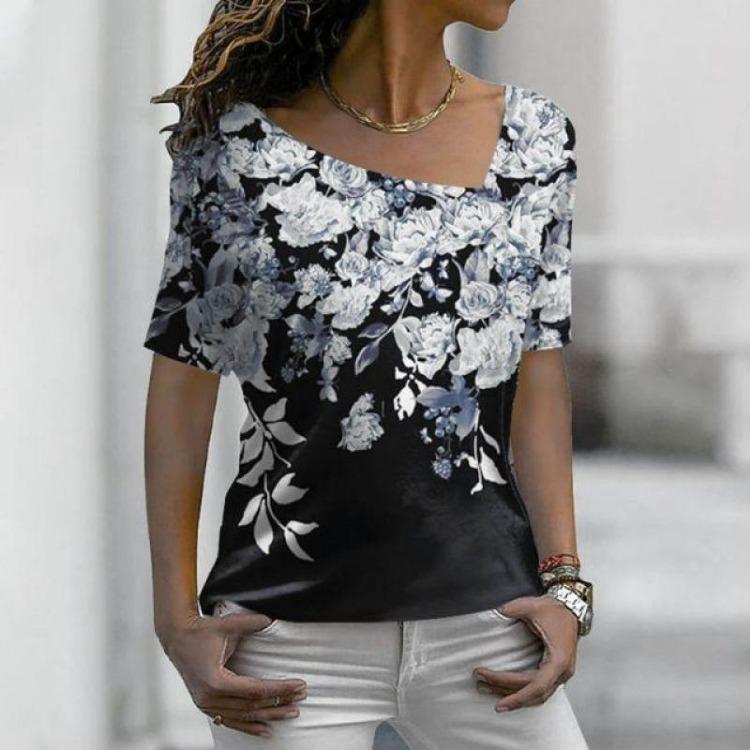 Streetwear Damskie Luźne Codzienne Koszulki V-neck z Kwiatowym Wzorem Krótki Rękaw