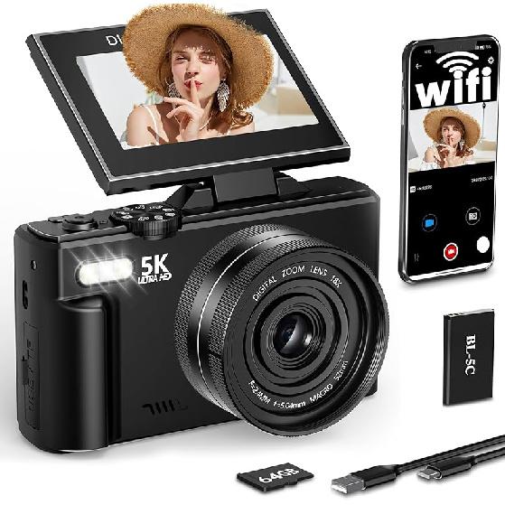 FLATIC Digital Camera, 5K 75MP Cameras for Photography with WiFi & 64GB TF Card, Autofoucs Vlogging Camera for YouTube with 180° Flip Screen,