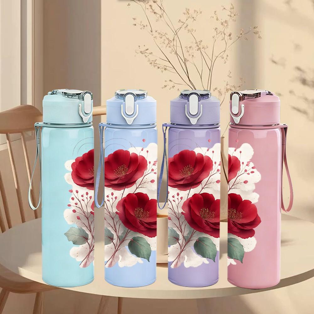 1PC Red Rose Flower 750ml Color Plastic Sports Water Bottle Leakproof Flip Straw Lid Suitable for Sports Office Home Use