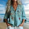 Cross-border Casual V-neck Lake Blue Embroidered Long-sleeve Shirt - TikTok Hot Seller