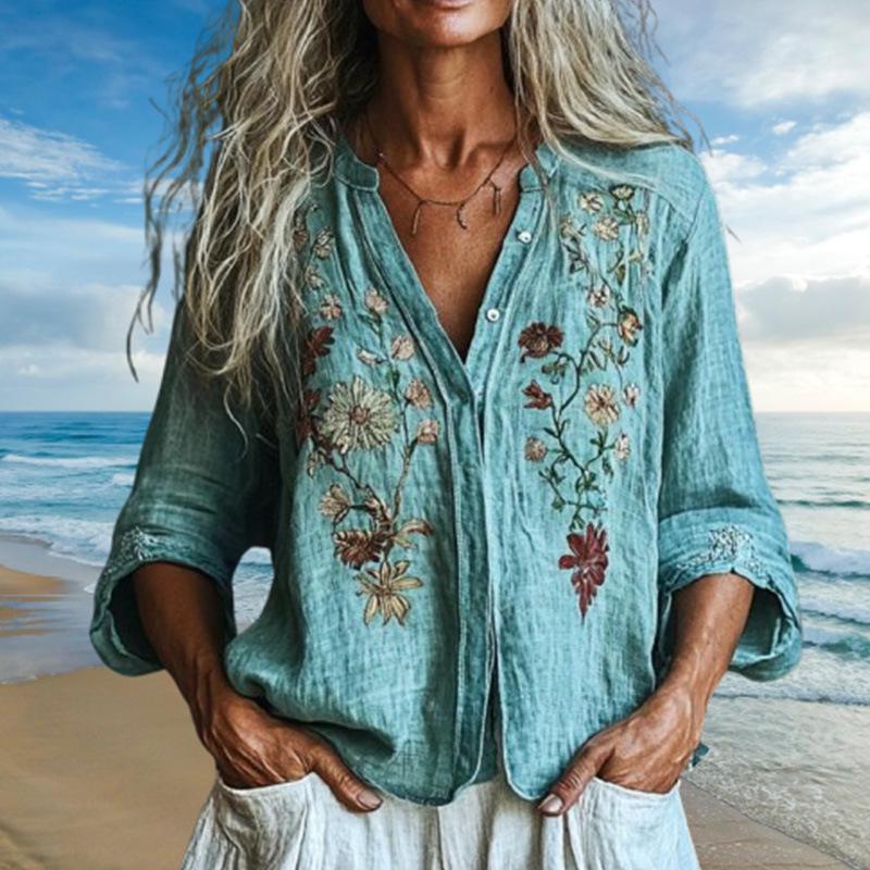 Cross-border Casual V-neck Lake Blue Embroidered Long-sleeve Shirt - TikTok Hot Seller