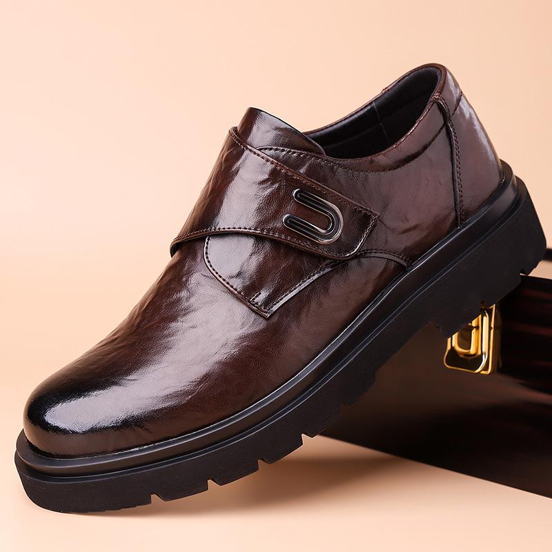 2024 Autumn and Winter New Men's Business Dress Leather Shoes Men's Round Head Platform Velcro Men's Shoes British Casual 9355