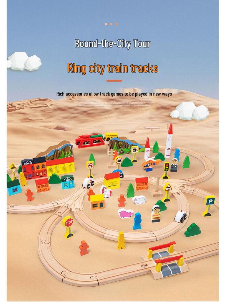 Children's Wooden Train Track Building Blocks Set