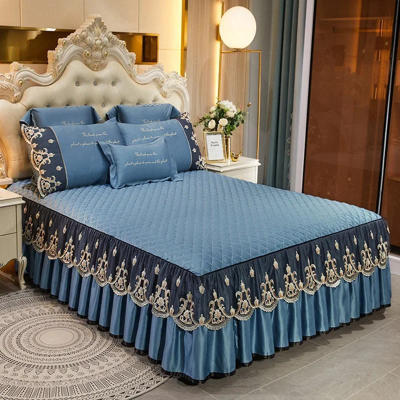Fashion Lace Bed Skirt Home Decor Bedding Set Luxury Machine Washable Non Slip Embroidery Bedspreads for Queen/King Size Bed