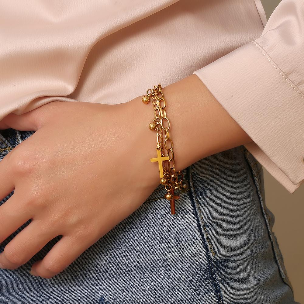 XIXI Joyas De Acero Inoxidable Para Mujer Double Cross Stainless Steel Gold Plated Custom Fashion Jewelry Chain Bracelet Bangle