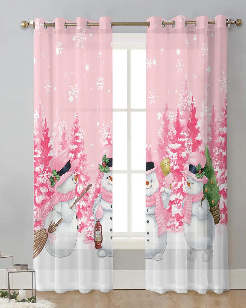 Christmas Tree Snowflake Pine Snowman Pink Sheer Curtains Living Room Decoration Window Curtains Kitchen Tulle Voile Curtains