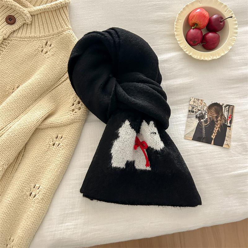 

Простой вязаный шарф с изображением мультяшного щенка для женщин с зимней атмосферой, милый и теплый вязаный шарф для студентов 168 * 29cm чёрный