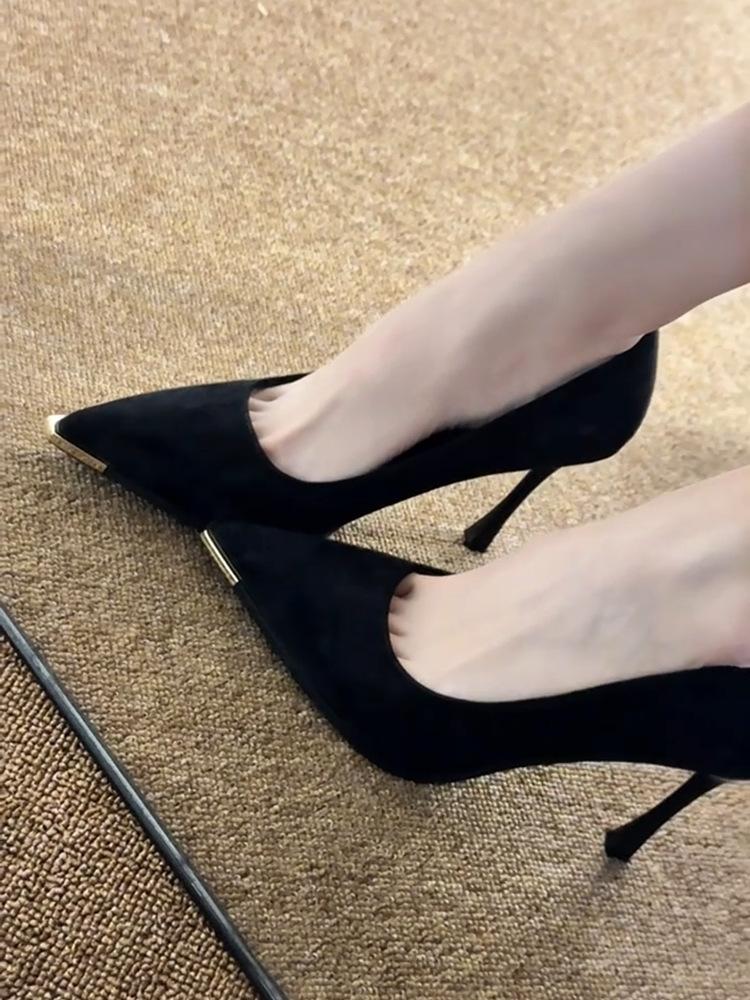 Spring Autumn New Luxury Black Suede Women's High Heels Metal Pointed Fine Heels Shallow Mouth High Heels Casual Women's Shoes