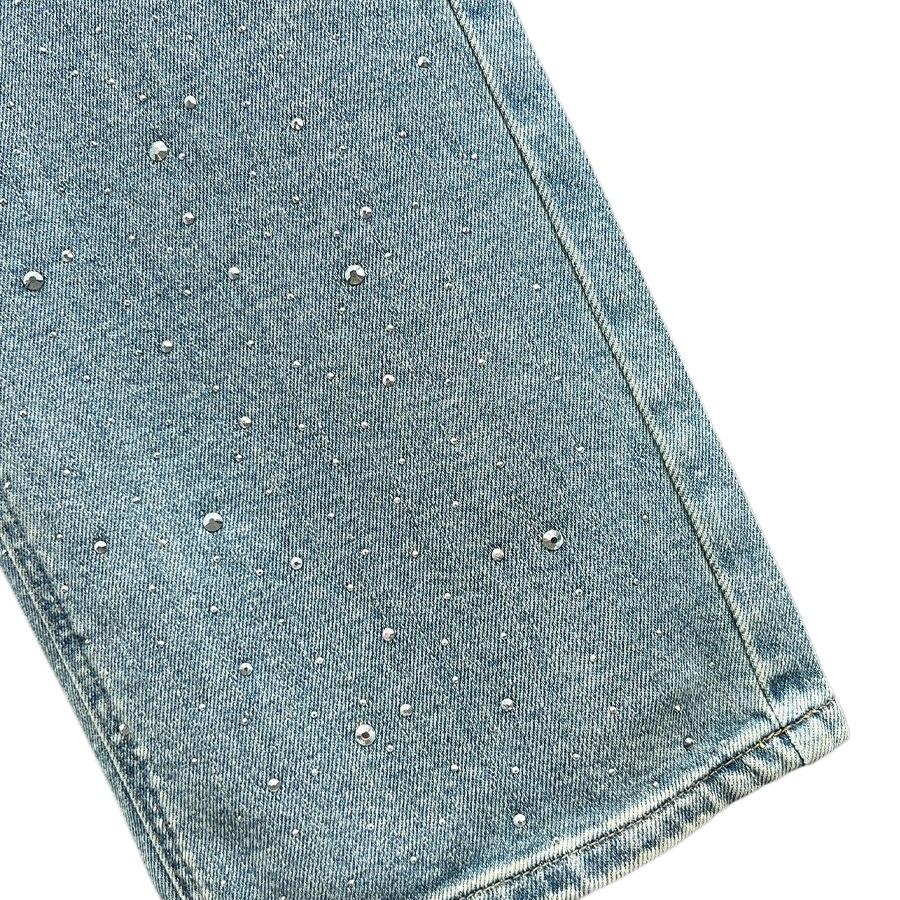 Women's High-Waisted Denim Jeans with Rhinestone Star Pendant - European Style, Summer Loose Fit, Slimming, Versatile Straight Leg.