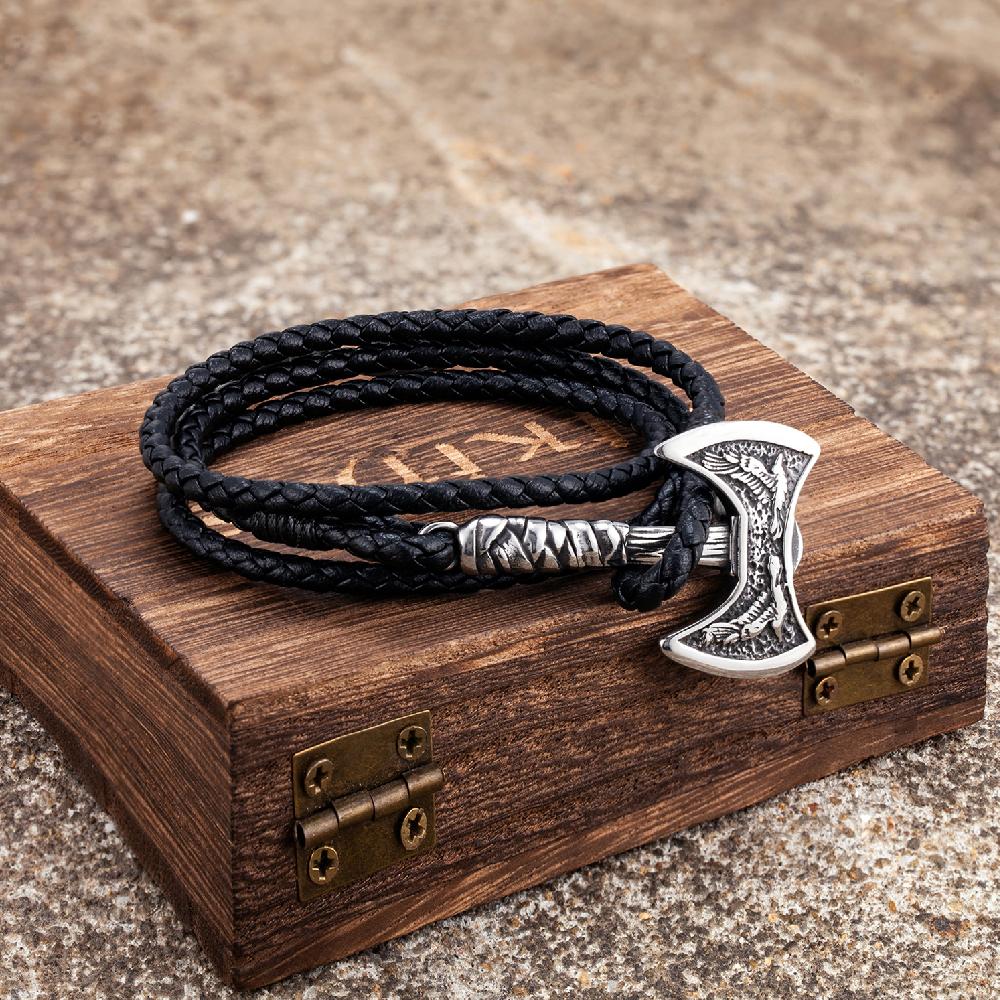 Norse Hatchet Leather Bracelets Men Vikings Axe Wristband Stainless Steel Raven Amulet Handmade Jewelry Self-defense