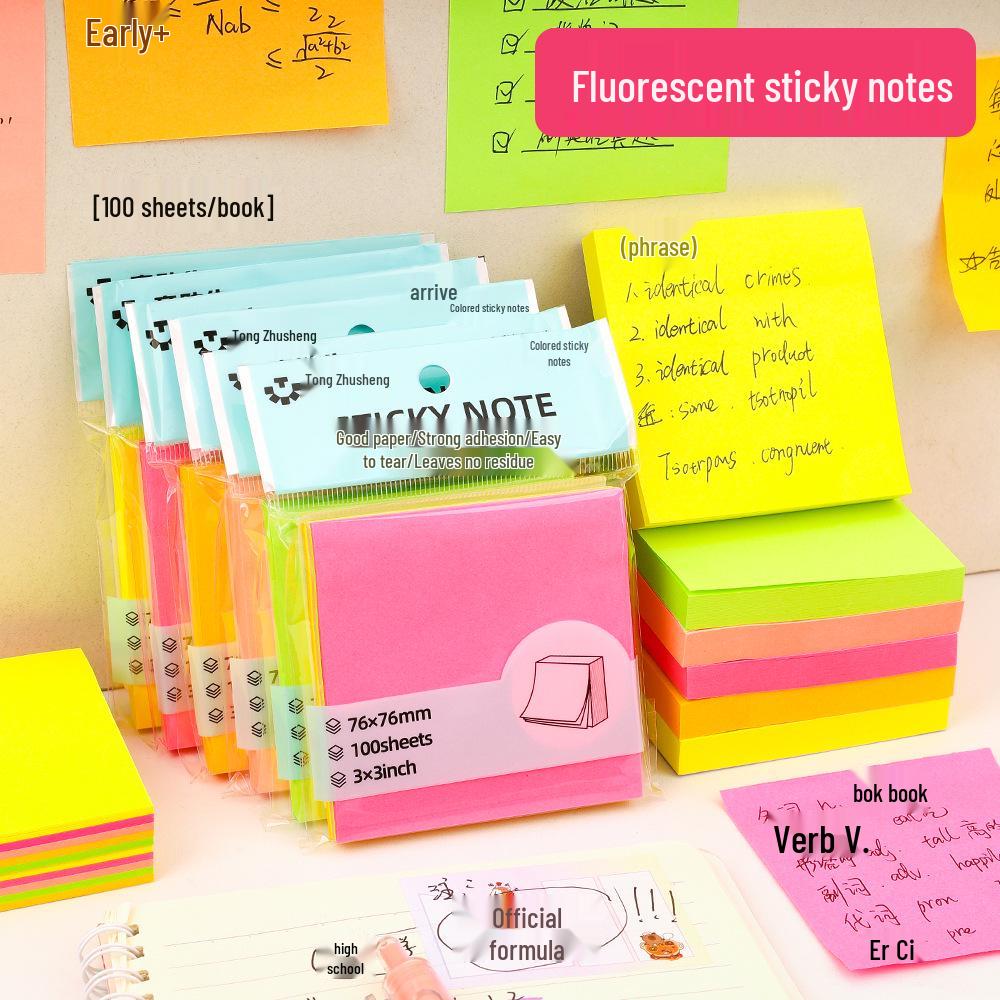 Zhusheng Fluorescent Tearable Sticky Notes - Creative Colored Notepad for Office Stationery