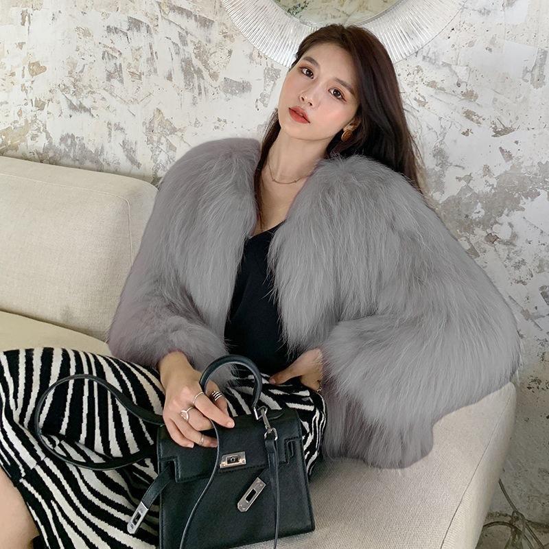 Autumn and winter new simple imitation fox fur coat women's high waist short wool coat light