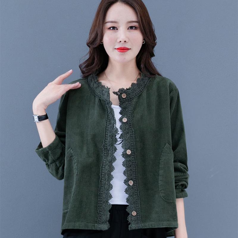 Veste courte en velours côtelé et dentelle pour femme, ample, grande taille, couleur unie, rétro, décontractée, printemps et automne