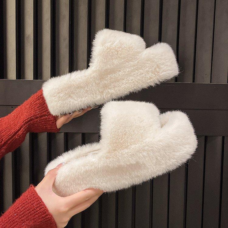 Thick-bottomed one-word fluffy slippers for women, new autumn and winter fashion home slippers for women