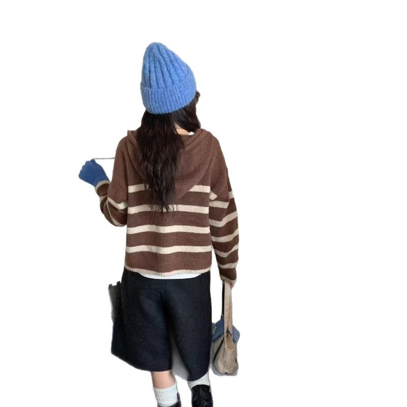 Autumn and winter new striped knitted women's clothing, loose retro hooded women's knitted sweater cardigan women's