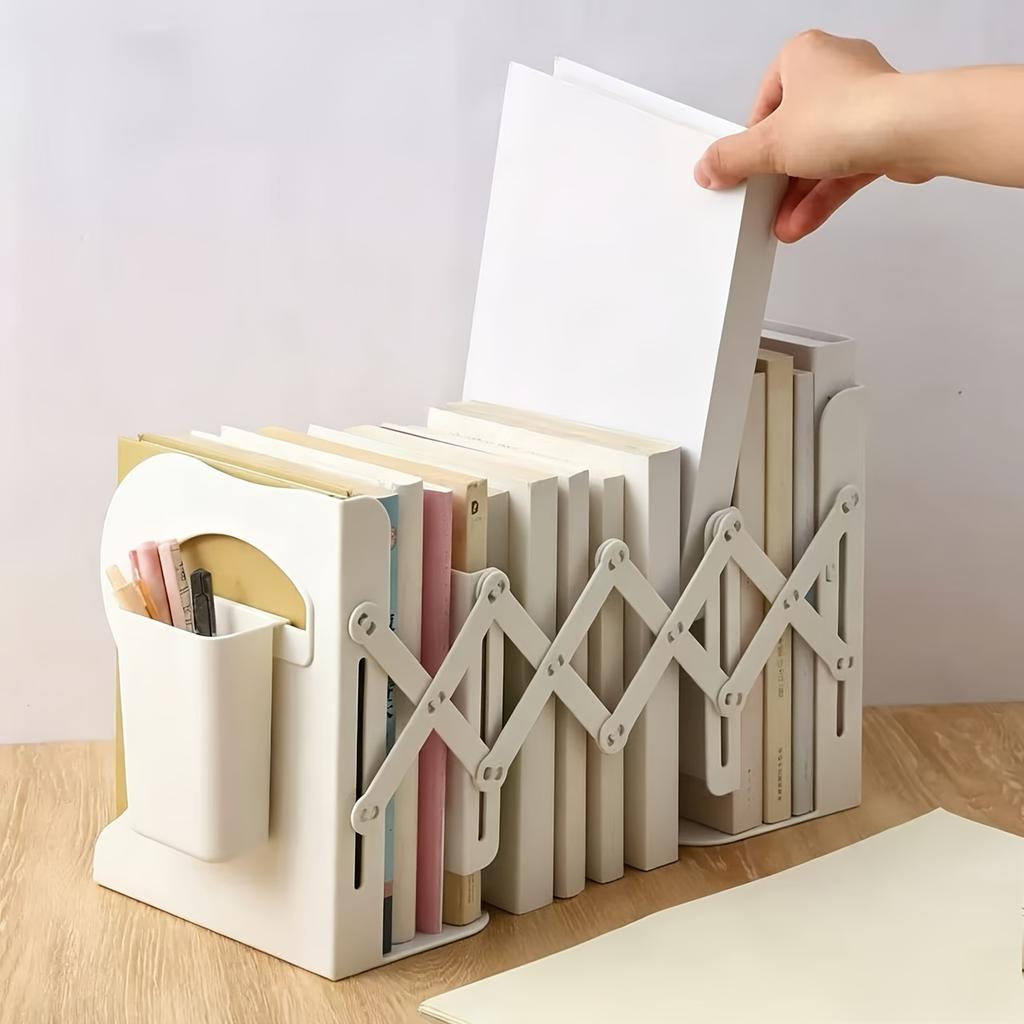 Retractable Bookends with Pen Holder Foldable Adjustable Desktop Book Stand Integrated Desk Book Storage Organizer