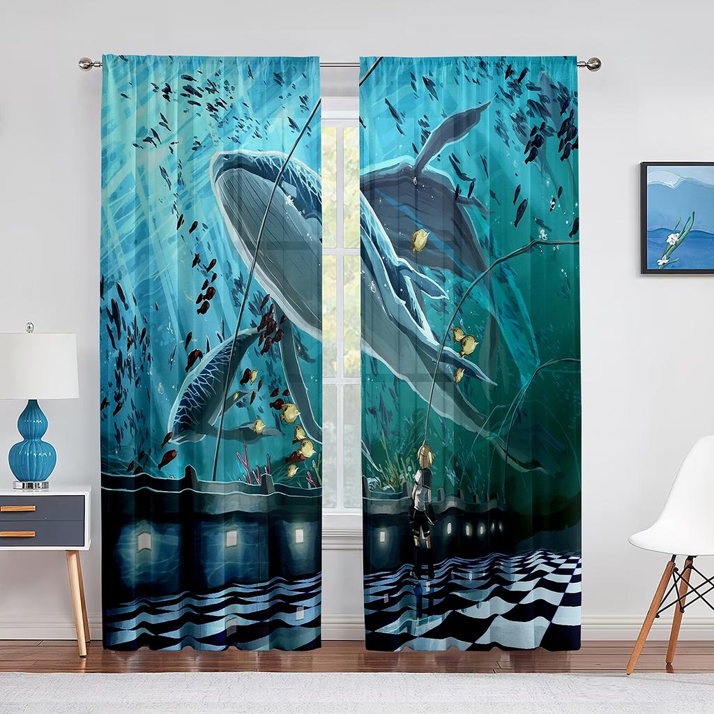 Watercolor Whale Underwater Animal Psychedelic Sheer Window Curtains for Living Room Bedroom Home Decor Chiffon Tulle Curtain