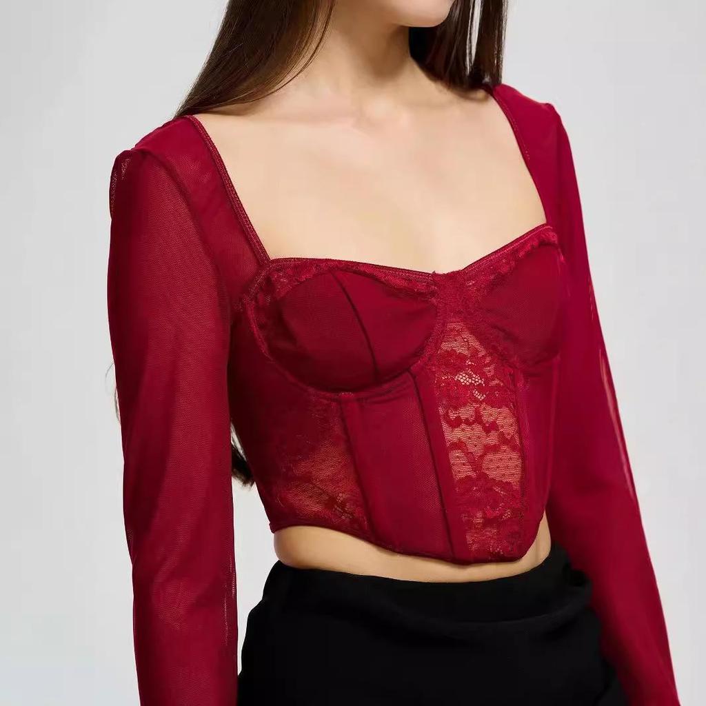 European & American Street Fashion Mesh Lace Slim Square Collar Long-Sleeved Top for Women