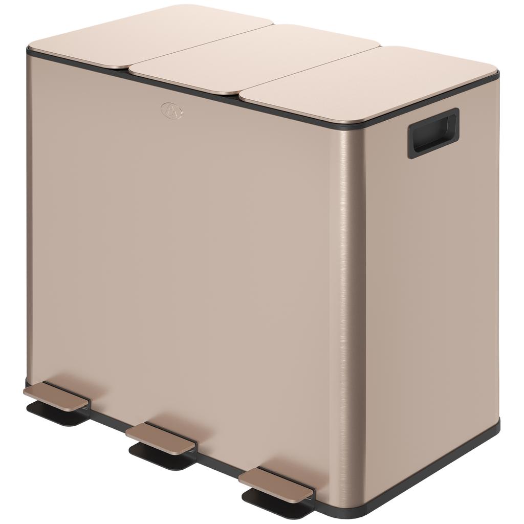 45L Triple Compartment Stainless Steel Bin With Deodoriser Holders Gold Tone