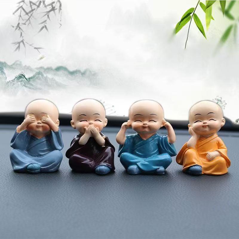 Little Monk Car Dashboard Figurine, Resin Sculpture Chinese Characteristic Ornaments Cute Home Room Office Decoration Suit
