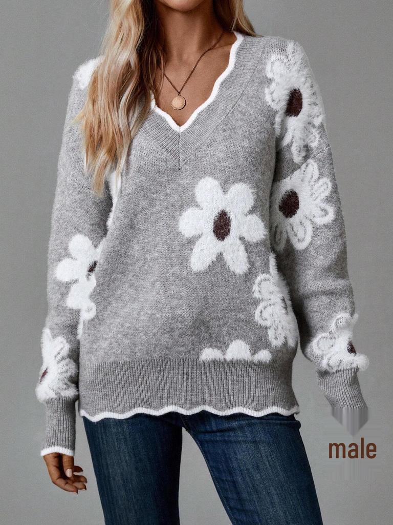 Women's Faux Mink Jacquard Lace Collar Knit Pullover Sweater for Autumn/Winter