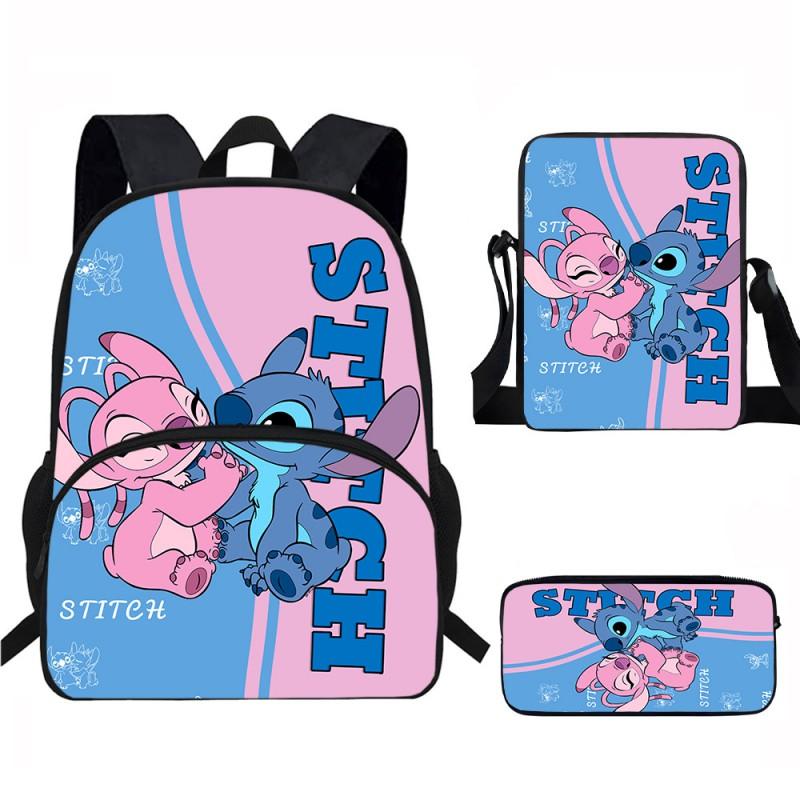 Stitch Kids School Backpack Set Elementary Students Oxford Fabric Ergonomic Design Printed Cartoon 3-Piece Bundle