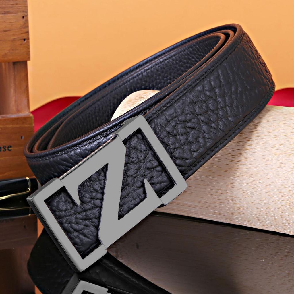 Men's Z Letter Business Casual Buffalo Leather Belt with Stainless Steel Buckle