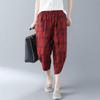 Sommer Baumwolle Leinen Mittellange Hose Damen Karomuster Locker Übergröße Harem Weites Bein Radieschen Leinen Freizeit Cropped Hose