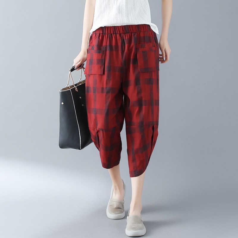 Sommer Baumwolle Leinen Mittellange Hose Damen Karomuster Locker Übergröße Harem Weites Bein Radieschen Leinen Freizeit Cropped Hose