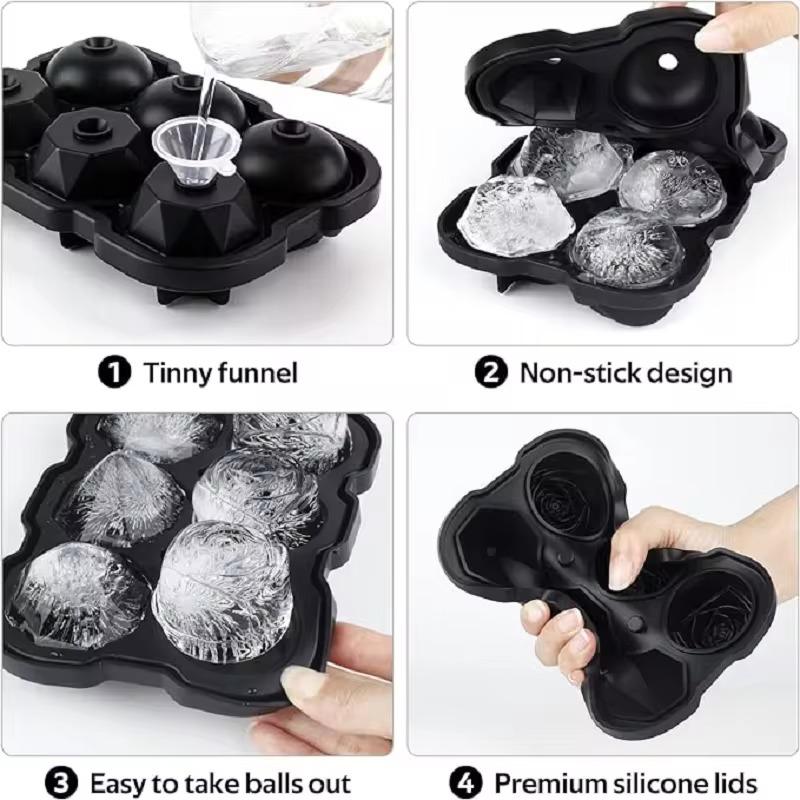 4 Grid Ice Cube Tray 3D Rose Diamond Round Ice Cube Molds Flower Shape Silicone Ice Maker Kitchen Bar Utensil Tool Accessorise