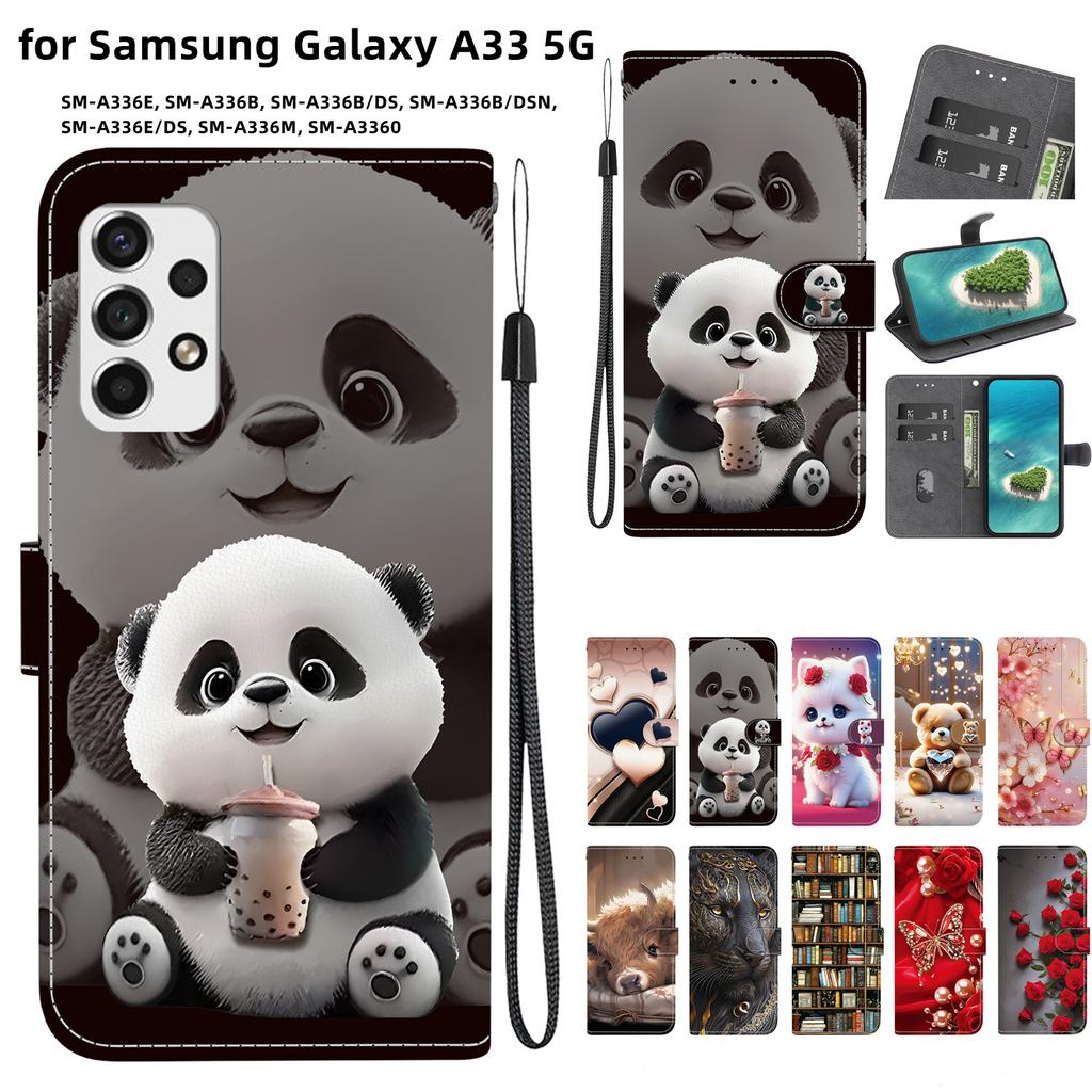 Handmade PU Leather Flip Case for Samsung Galaxy A33 5G (A336E/A336B/A336M)- Anti-Slip Shockproof Cover with Wrist Strap & Heart/Rose Cat Designs