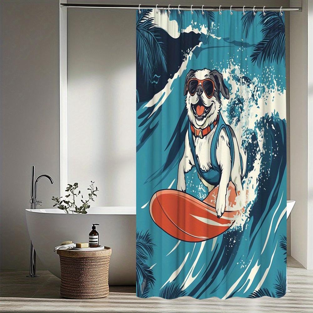 1pc Dog Surfing Shower Curtain with Fun Animal Pattern Landscape Decor Bathroom Decoration Polyester Fabric Includes 12 Hooks