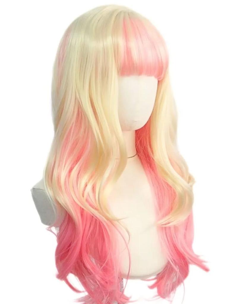 Fashion Pink Light Gold Long Wave Curly Hair Girl Lolita Fiber Synthetic Wig Anime Party cosplay