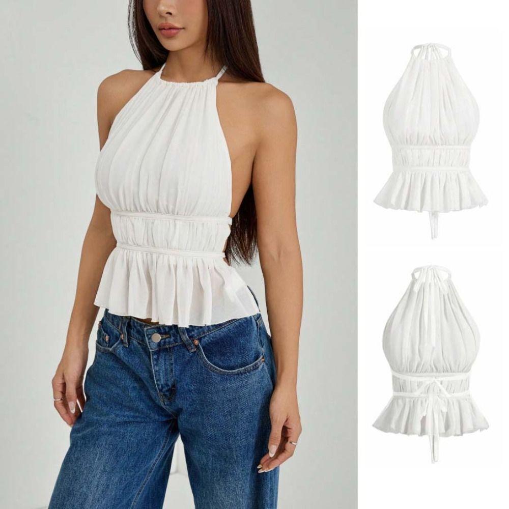 Sleeveless Chiffon Vest Tops Halter Women's Crop Top Fashion Lace-up Camisole  Beach