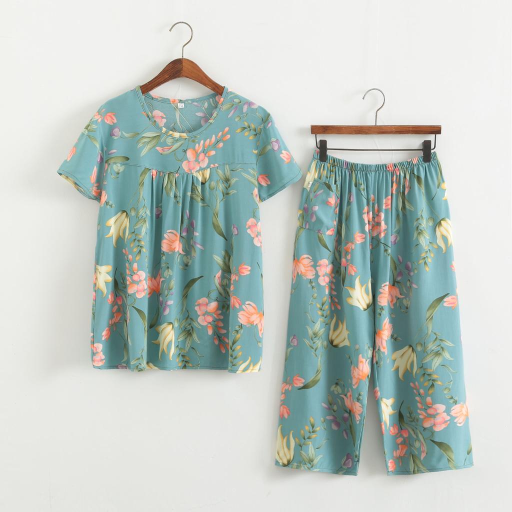 Baumwollseidenset Kurzarm-Caprihose für Damen mittleren Alters und ältere Frauen im Sommer, dünnes Oberteil, cooles Zuhause