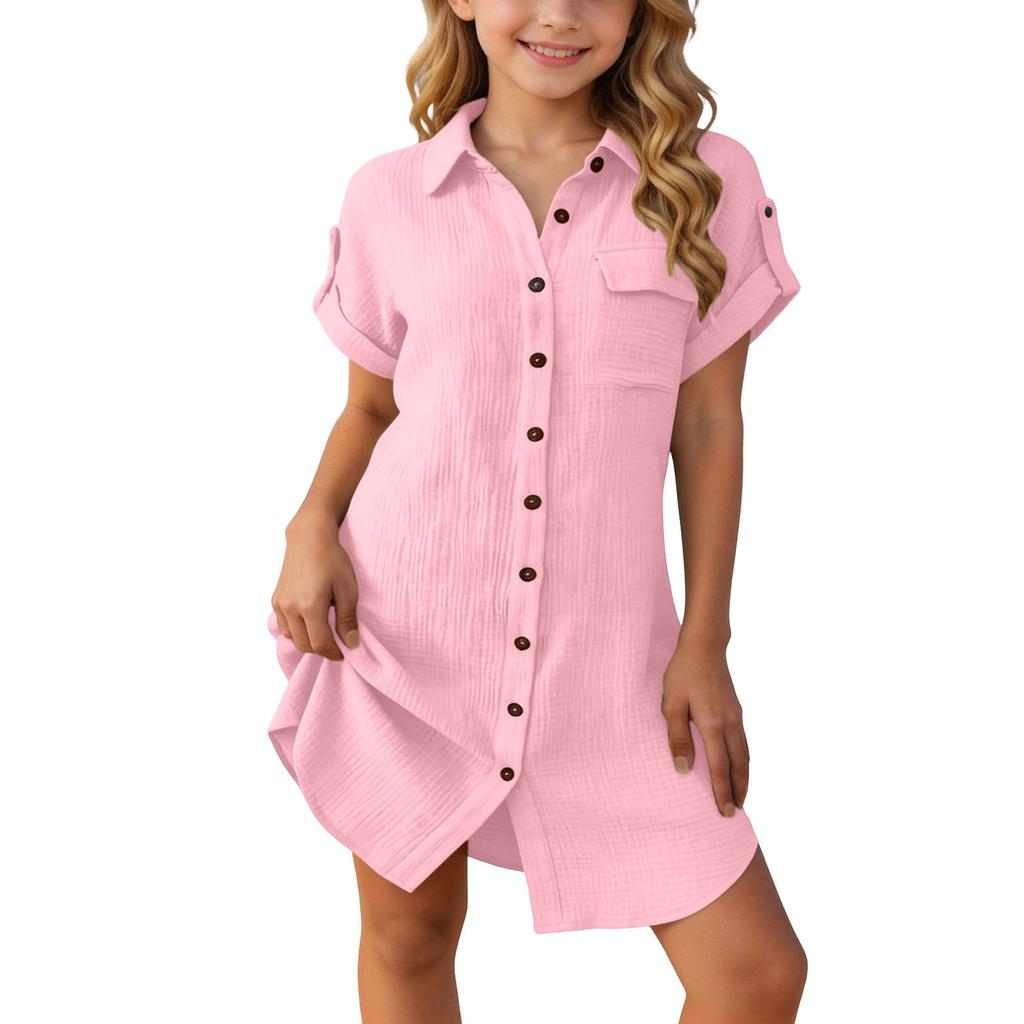 Girls Casual Short Sleeve Shirt Dress Loose Fit Button Down Collared Dress Lightweight Summer Dress for Kids