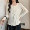 3D Flower Decoration Women's T-shirt Solid Color Round Neck Ruffle Edge Long Sleeved Blouse Summer New Version Casual Female Top