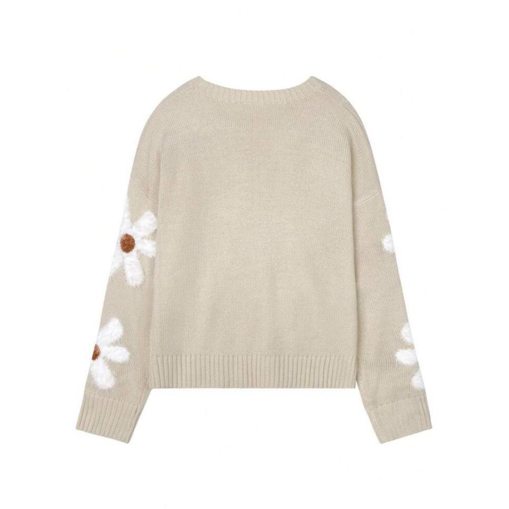 Hooded Round Neck Long Sleeved Sweater with Floral Jacquard Pattern for Autumn Women