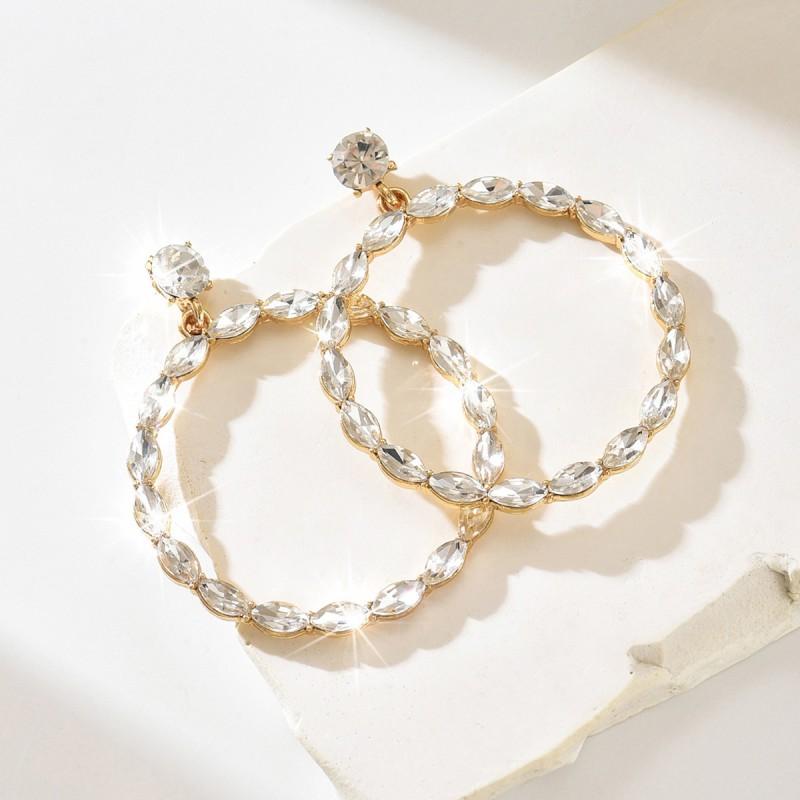 Large Circle Earrings Women Statement Geometric Dangle With Rhinestones Stainless Steel Post Alloy Lightweight