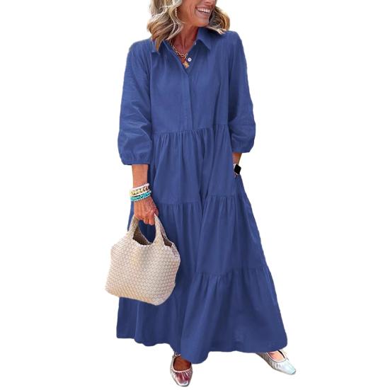 Women's 45720 Sleeve Maxi Dress Button Up Lapel Swing Dress with Pockets A-line Ruffles