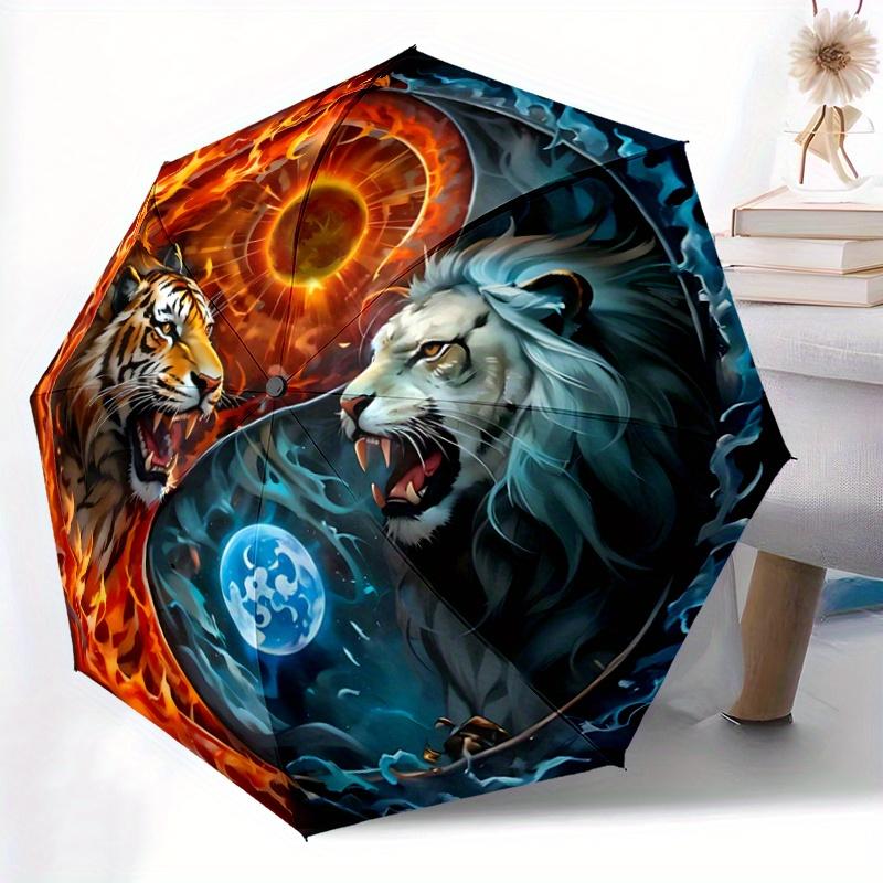 1pc Tiger Yin Yang of Fire and Ice Durable Cartoon Folding Umbrella, Portable 3-Fold Compact Umbrella for Men and Women, Suitable for Travel or D