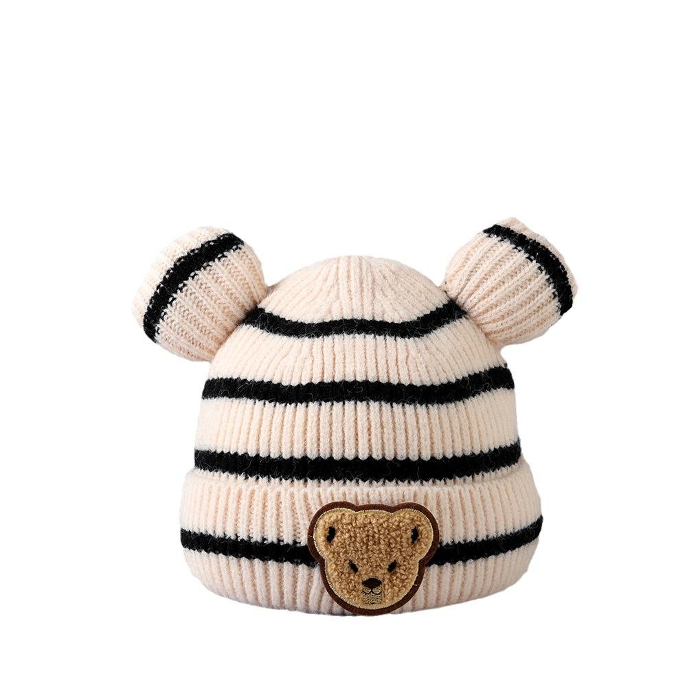 Autumn and Winter Children's Warm Hat, Cute Striped Bear Hat, Korean Style Baby Matching Double-ball Knitted Hat for Boys and Girls