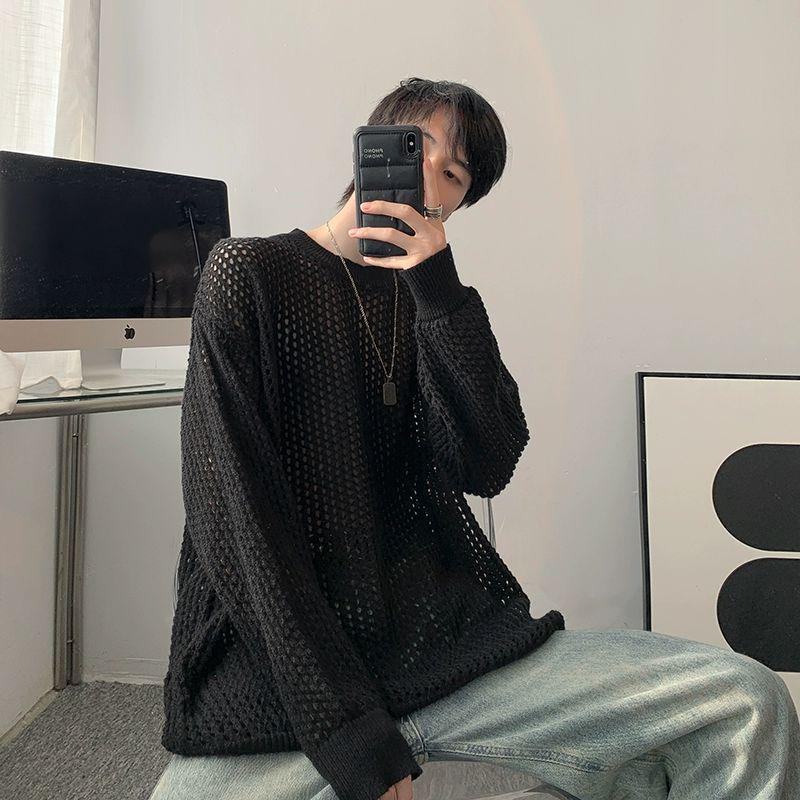Men's 2023 Autumn Trendy White Hollow-Out Ripped Loose Knit Sweater, Korean Style.