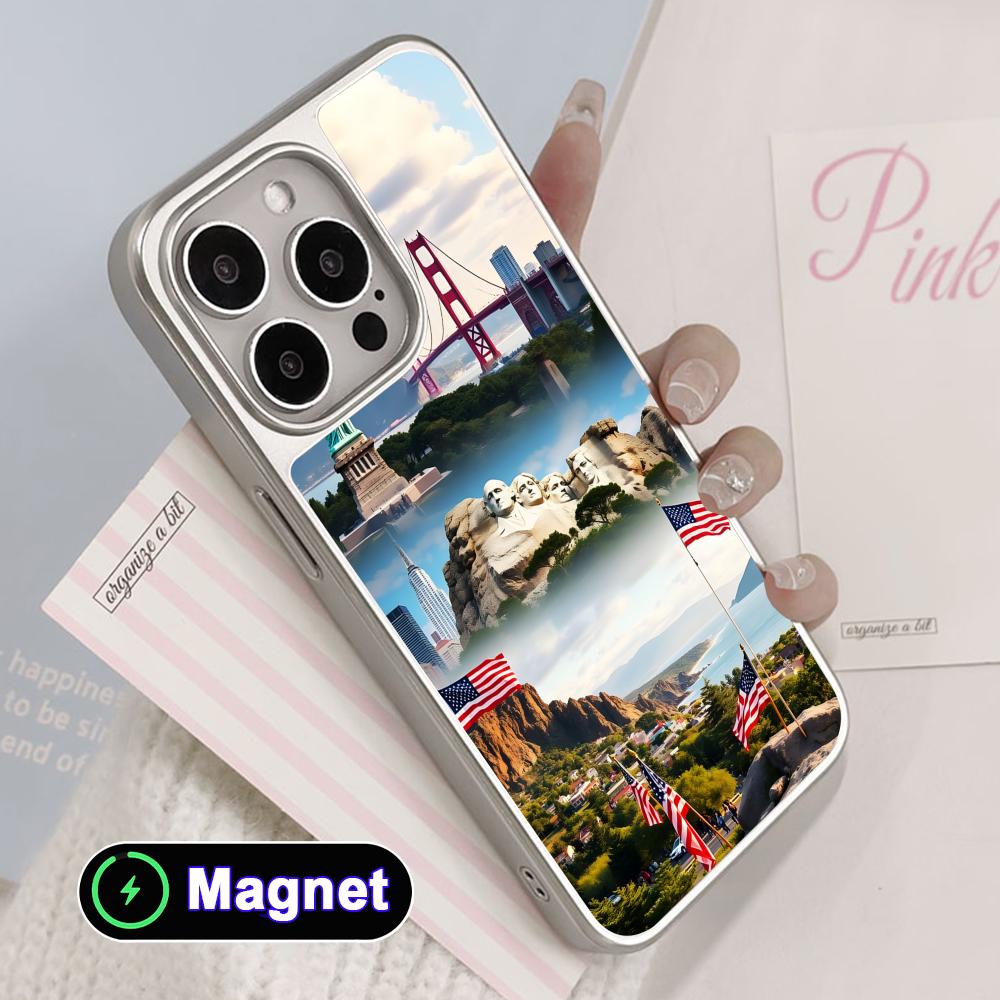 USA America Flag Silver Plating Magsafe Mobile Phone Case for iPhone 17 16 15 14 13 12 11 Air Pro Max Plus Colorful Cover