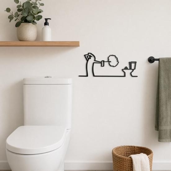 Wandkunst Lustiges Badezimmer-Schild, 3D-gedruckte minimalistische Linien-Toiletten-Wohnzimmerkunst, Schwarze moderne Heimdekoration für Waschraum, Humorvoll